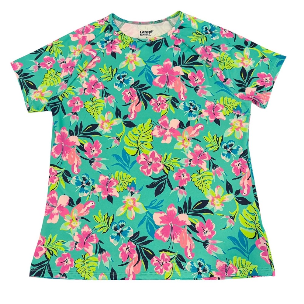 Lands' End Short Sleeve Swim Rash Guard Youth Girls XL (14-16) Tropical Floral